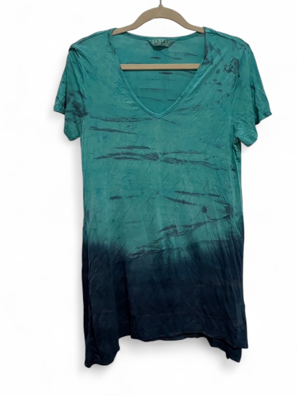 Tryst Teal to Navy Ombre V-Neck Short Sleeve Mini Shirt Dress